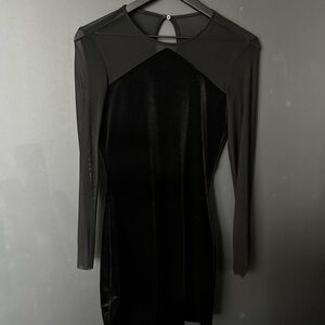 Black Mesh & Velvet Long-Sleeve Bodycon Dress
